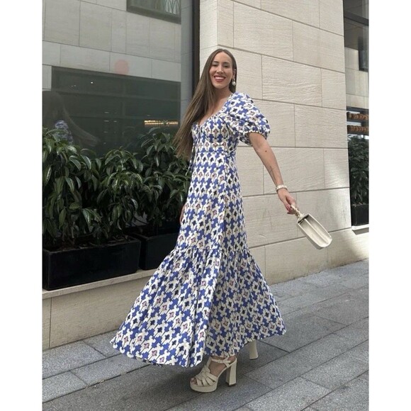 Zara Midi Maxi Dress Blue Ivory Pink Blogger Fave Women’s XL Puff Sleeve - Picture 6 of 15